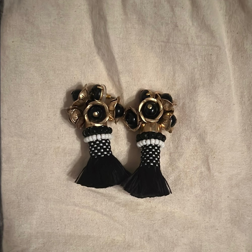 J. Crew Black and Gold Floral Earrings with Tassel